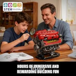 V12 Engine Model Kit, 1607 Pieces, USB Motor, 14+ That Runs, 12-Cylinder Sports