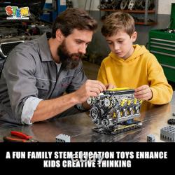 V8 Engine Model Kit That Runs, Visible Mini Car Motor Building Blocks Set for Ad
